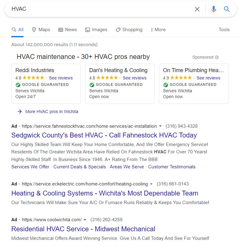 google ads for searching hvac